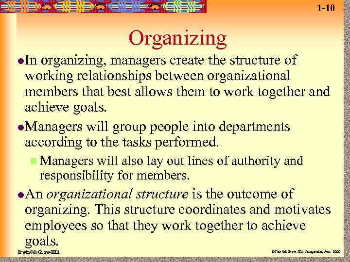 1 -10 Organizing l. In organizing, managers create the structure of working relationships between