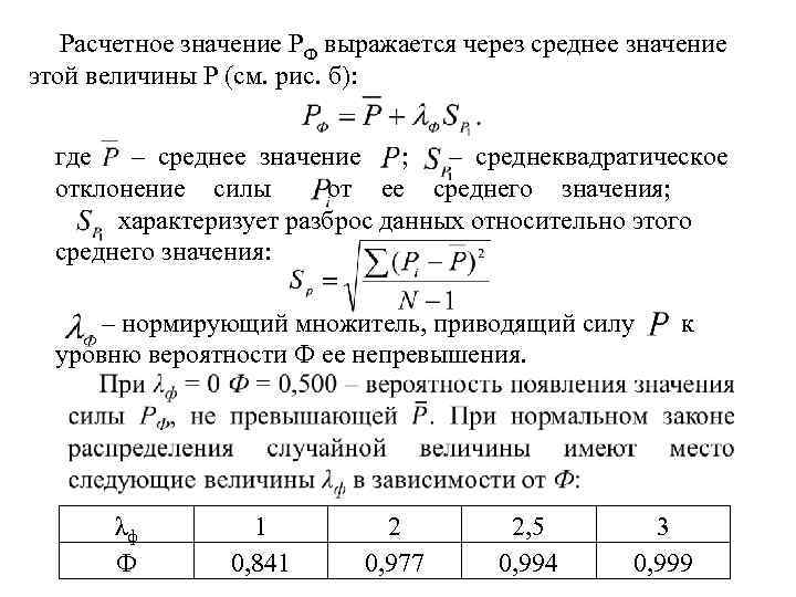 Расчетное значение PФ выражается через среднее значение этой величины P (см. рис. б): где