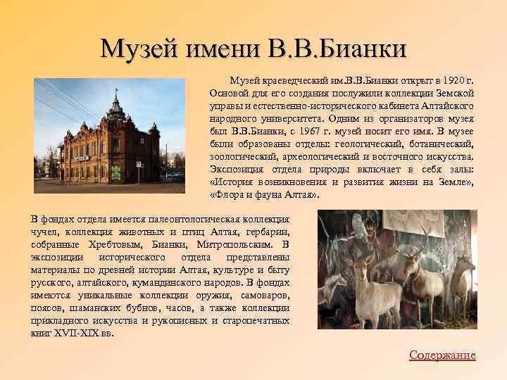 Музей имени В. В. Бианки Музей краеведческий им. В. В. Бианки открыт в 1920