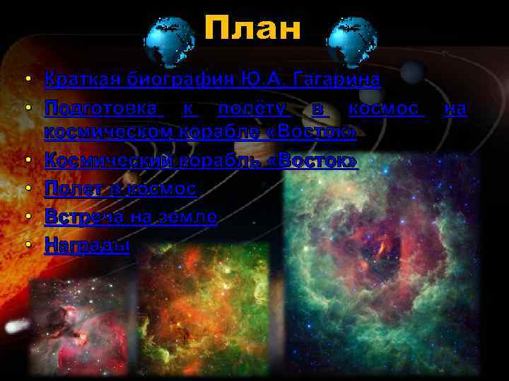 План • Краткая биография Ю. А. Гагарина • Подготовка к полёту в космос космическом