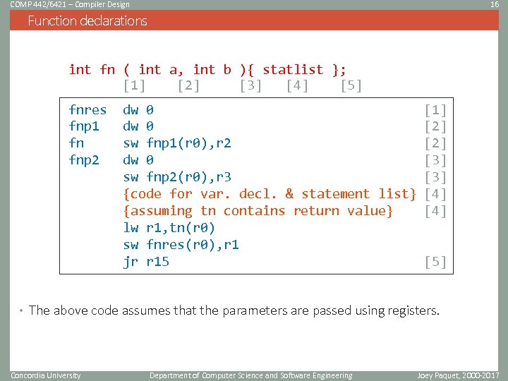 COMP 442/6421 – Compiler Design 16 Function declarations int fn ( int a, int