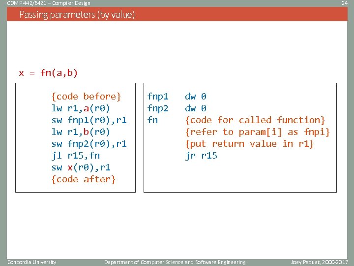 COMP 442/6421 – Compiler Design 24 Passing parameters (by value) x = fn(a, b)