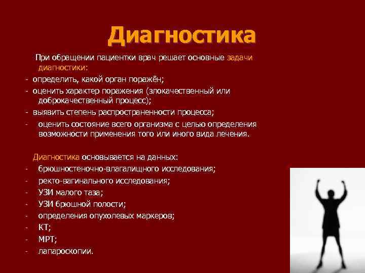 Диагностика При обращении пациентки врач решает основные задачи диагностики: определить, какой орган поражён; оценить