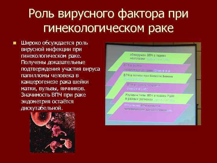 Роль вирусного фактора при гинекологическом раке Широко обсуждается роль вирусной инфекции при гинекологическом раке.