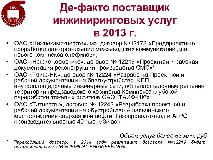 Де-факто поставщик инжиниринговых услуг в 2013 г. • ОАО «Нижнекамскнефтехим» , договор № 12172