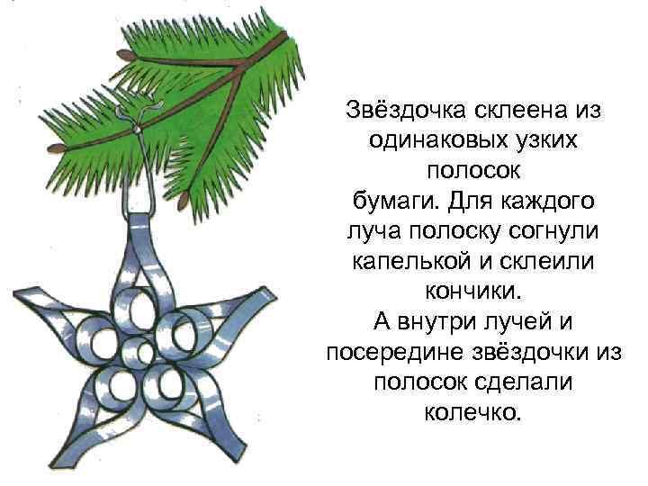 Звёздочка склеена из одинаковых узких полосок бумаги. Для каждого луча полоску согнули капелькой и