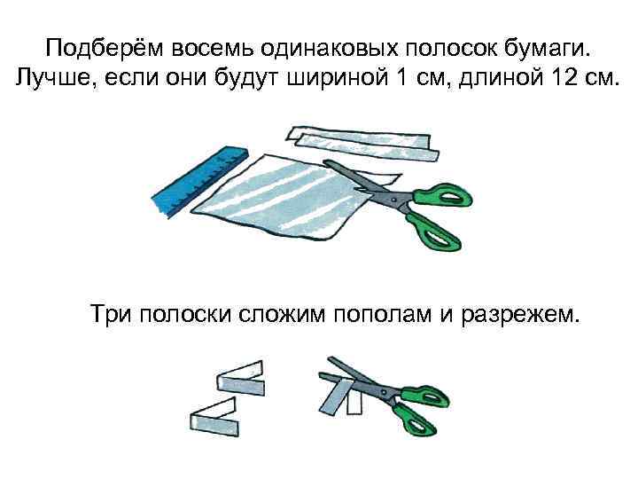Подберём восемь одинаковых полосок бумаги. Лучше, если они будут шириной 1 см, длиной 12