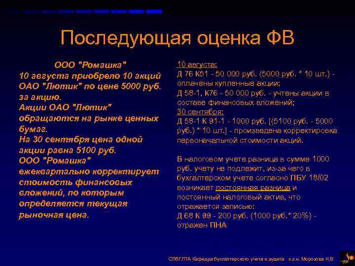 Последующая оценка ФВ ООО "Ромашка" 10 августа приобрело 10 акций ОАО "Лютик" по цене