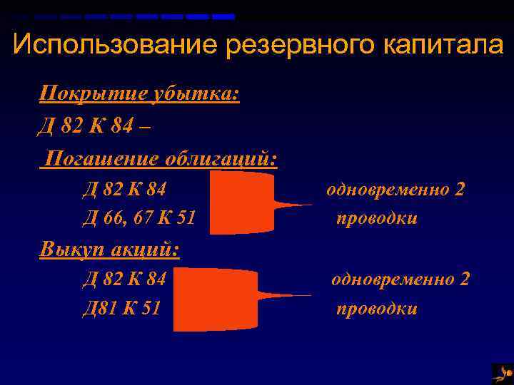 Использование резервного капитала Покрытие убытка: Д 82 К 84 – Погашение облигаций: Д 82