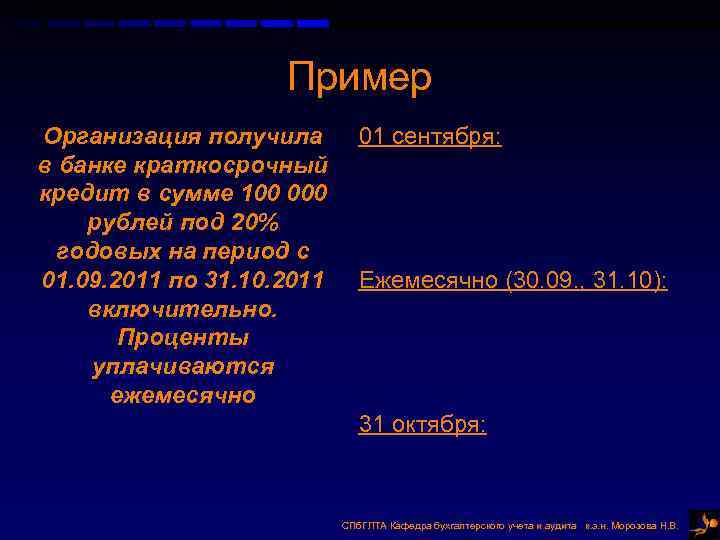 Пример Организация получила в банке краткосрочный кредит в сумме 100 000 рублей под 20%