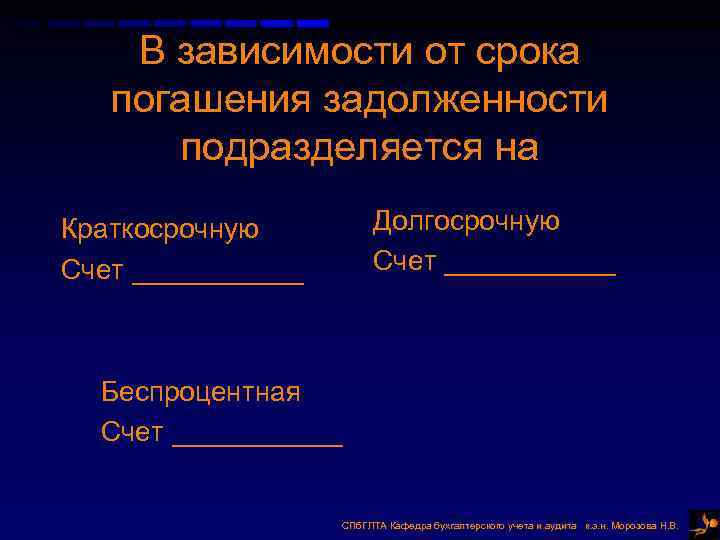 В зависимости от срока погашения задолженности подразделяется на Долгосрочную Счет ______ Краткосрочную Счет ______