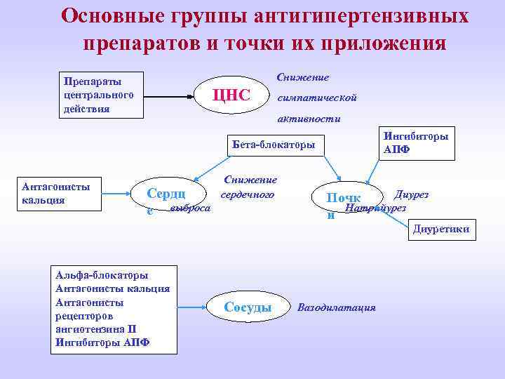 Основные группы антигипертензивных препаратов и точки их приложения Снижение Препараты центрального действия ЦНС симпатической