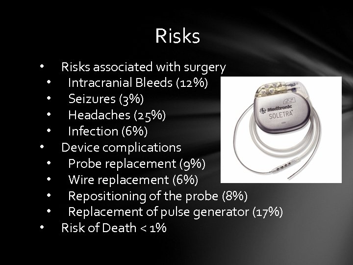 Risks • • • Risks associated with surgery Intracranial Bleeds (12%) Seizures (3%) Headaches