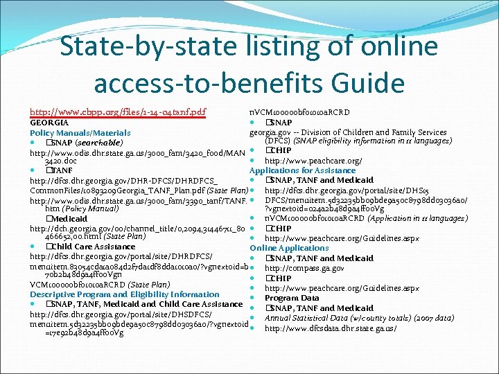State-by-state listing of online access-to-benefits Guide http: //www. cbpp. org/files/1 -14 -04 tanf. pdf