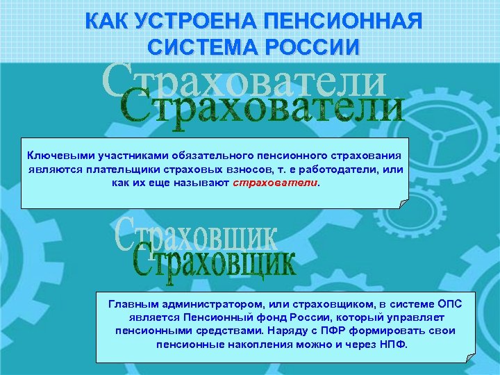 КАК УСТРОЕНА ПЕНСИОННАЯ СИСТЕМА РОССИИ Ключевыми участниками обязательного пенсионного страхования являются плательщики страховых взносов,