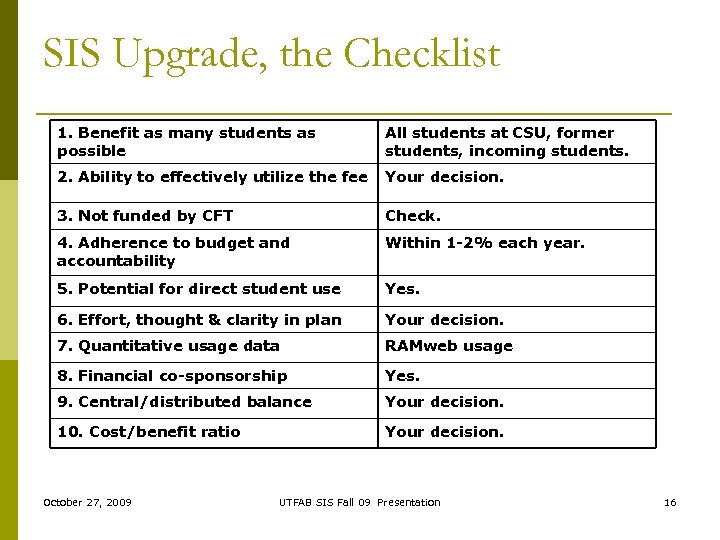 SIS Upgrade, the Checklist 1. Benefit as many students as possible All students at