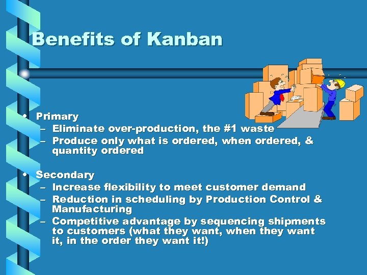 Benefits of Kanban • Primary – Eliminate over-production, the #1 waste – Produce only