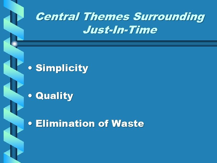 Central Themes Surrounding Just-In-Time • Simplicity • Quality • Elimination of Waste 