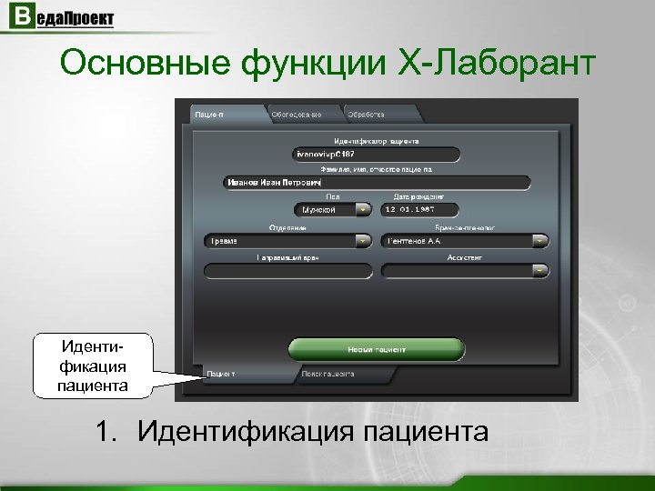 Основные функции X-Лаборант Идентификация пациента 1. Идентификация пациента 
