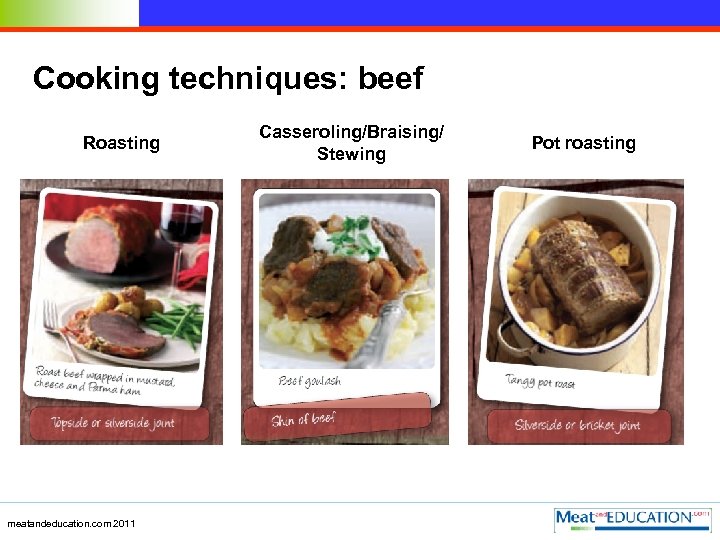 Cooking techniques: beef Roasting meatandeducation. com 2011 Casseroling/Braising/ Stewing Pot roasting 