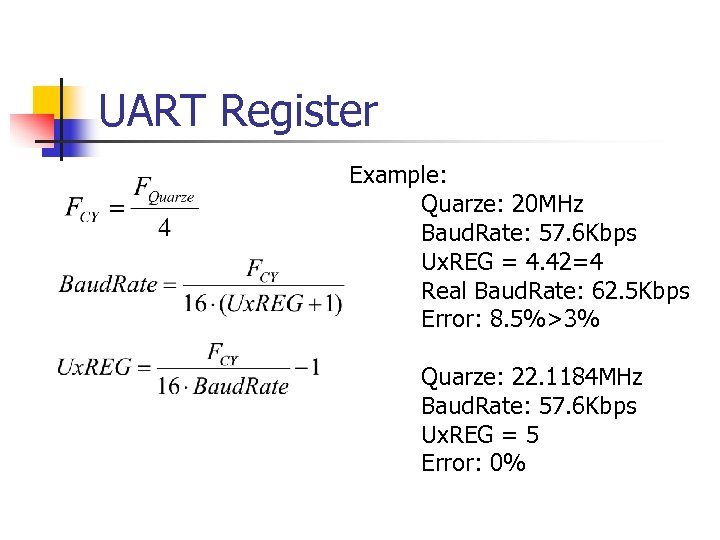 UART Register Example: Quarze: 20 MHz Baud. Rate: 57. 6 Kbps Ux. REG =