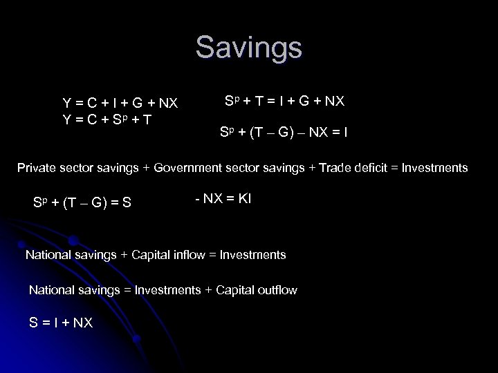 Savings Y = C + I + G + NX Y = C +