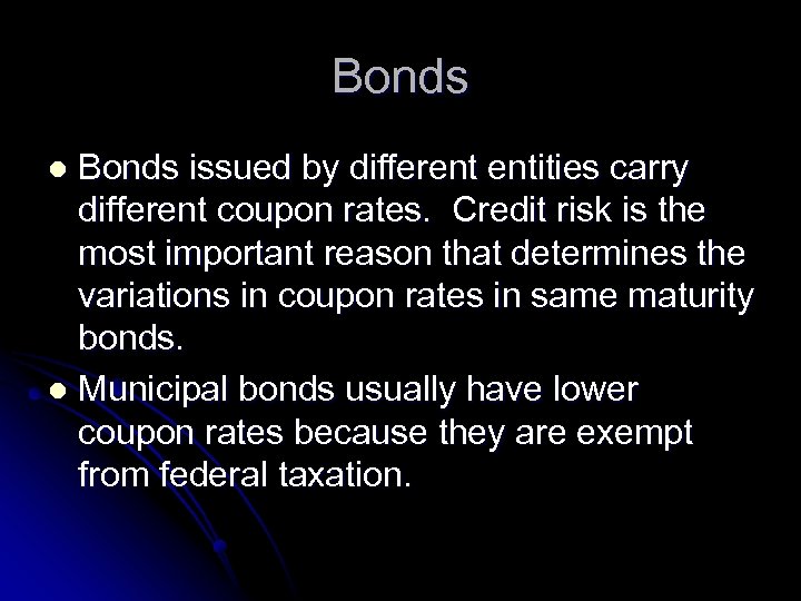 Bonds issued by different entities carry different coupon rates. Credit risk is the most