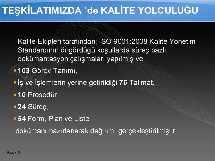 TEŞKİLATIMIZDA ’de KALİTE YOLCULUĞU Kalite Ekipleri tarafından; ISO 9001: 2008 Kalite Yönetim Standardının öngördüğü