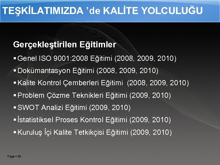 TEŞKİLATIMIZDA ’de KALİTE YOLCULUĞU Gerçekleştirilen Eğitimler Genel ISO 9001: 2008 Eğitimi (2008, 2009, 2010)