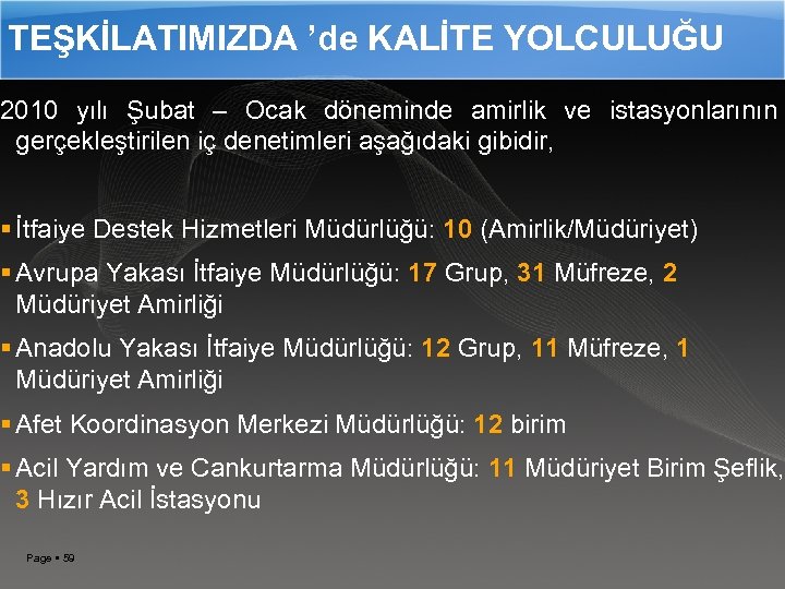 TEŞKİLATIMIZDA ’de KALİTE YOLCULUĞU 2010 yılı Şubat – Ocak döneminde amirlik ve istasyonlarının gerçekleştirilen