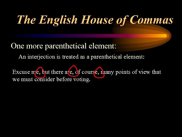 The English House of Commas One more parenthetical element: An interjection is treated as