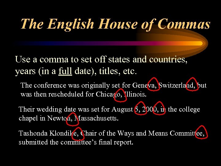 The English House of Commas Use a comma to set off states and countries,