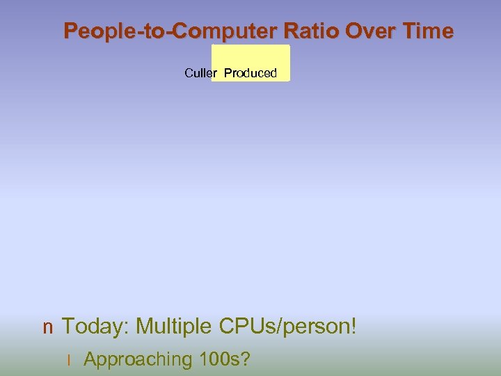 People-to-Computer Ratio Over Time Culler Produced n Today: Multiple CPUs/person! l Approaching 100 s?