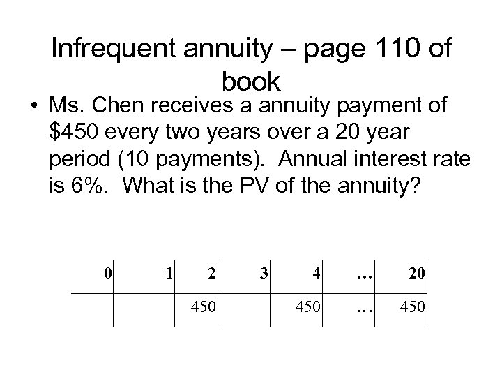 Infrequent annuity – page 110 of book • Ms. Chen receives a annuity payment