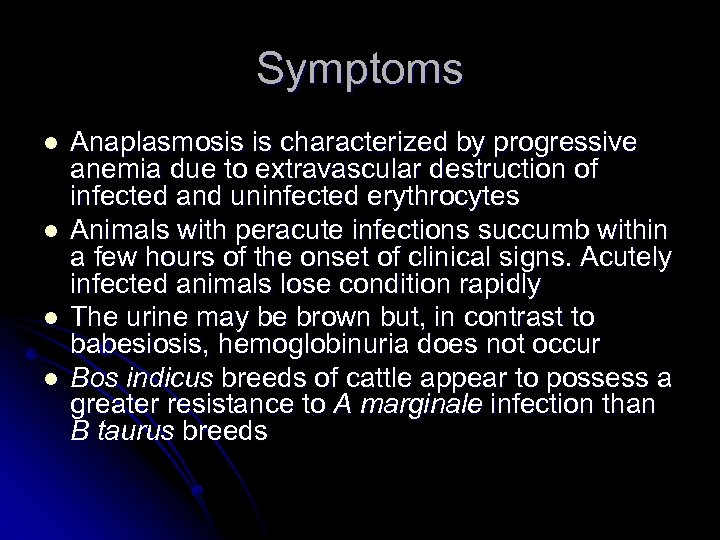 Symptoms l l Anaplasmosis is characterized by progressive anemia due to extravascular destruction of
