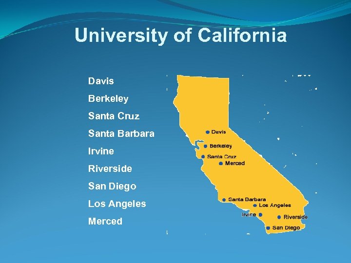 University of California Davis Berkeley Santa Cruz Santa Barbara Irvine Riverside San Diego Los
