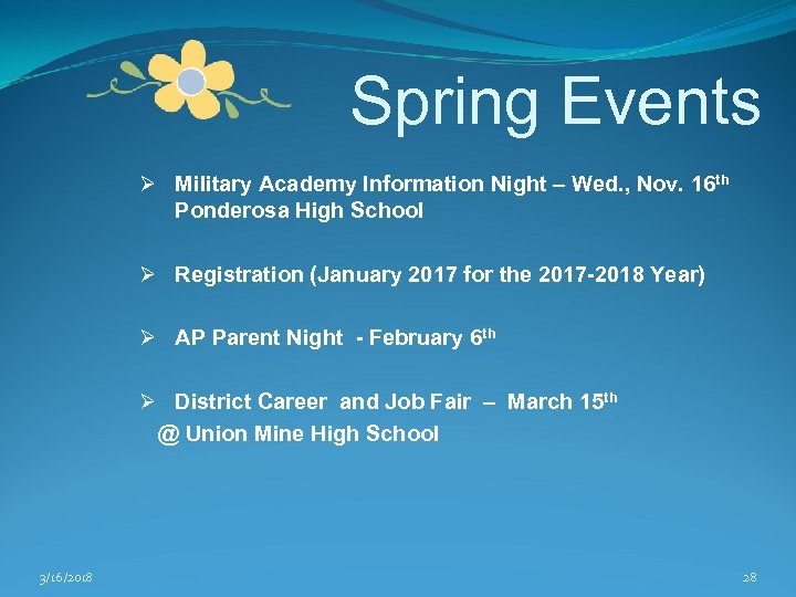 Spring Events Ø Military Academy Information Night – Wed. , Nov. 16 th Ponderosa