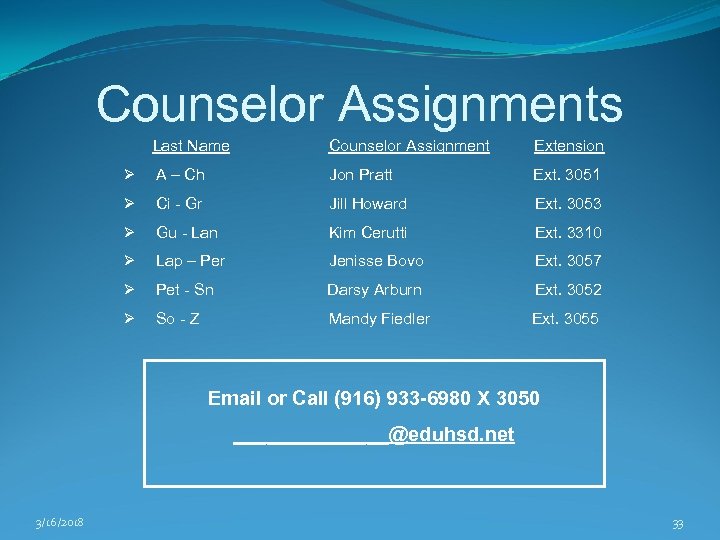 Counselor Assignments Last Name Counselor Assignment Extension Ø A – Ch Jon Pratt Ext.