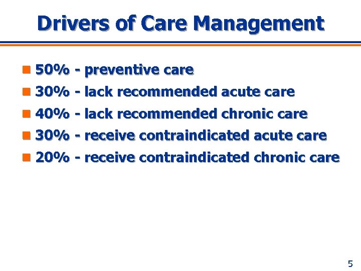 Drivers of Care Management n 50% - preventive care n 30% - lack recommended