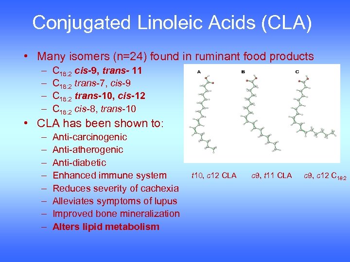 Conjugated Linoleic Acids (CLA) • Many isomers (n=24) found in ruminant food products –