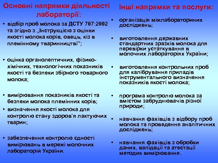 Основні напрямки діяльності Інші напрямки та послуги: лабораторії: • • відбір проб молока за