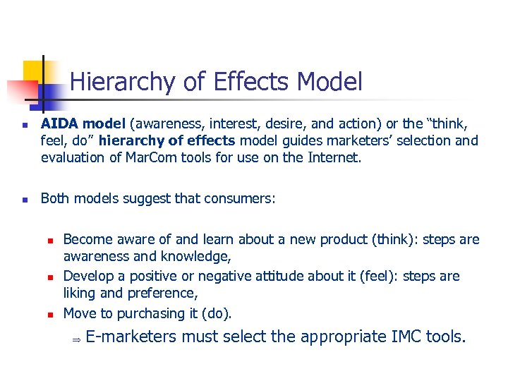 Hierarchy of Effects Model n n AIDA model (awareness, interest, desire, and action) or