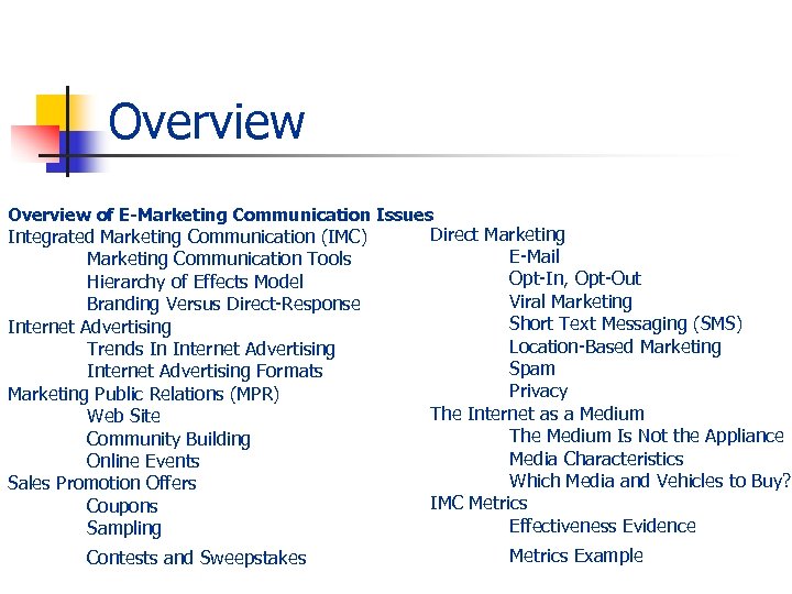 Overview of E-Marketing Communication Issues Integrated Marketing Communication (IMC) Marketing Communication Tools Hierarchy of