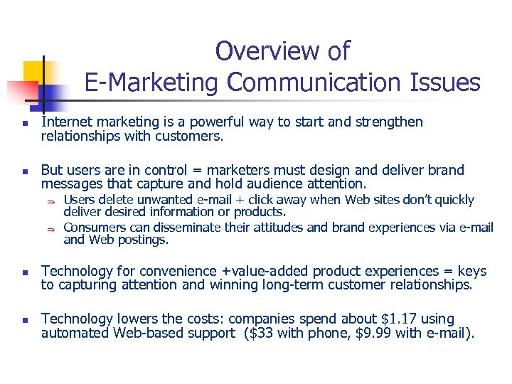 Overview of E-Marketing Communication Issues n Internet marketing is a powerful way to start