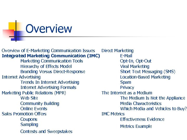 Overview of E-Marketing Communication Issues Direct Marketing Integrated Marketing Communication (IMC) E-Mail Marketing Communication