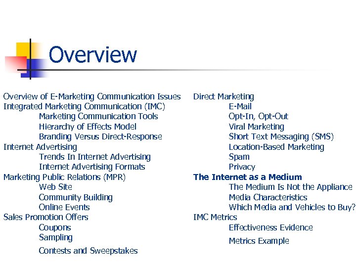 Overview of E-Marketing Communication Issues Integrated Marketing Communication (IMC) Marketing Communication Tools Hierarchy of
