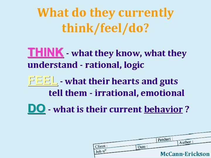 What do they currently think/feel/do? THINK - what they know, what they understand -