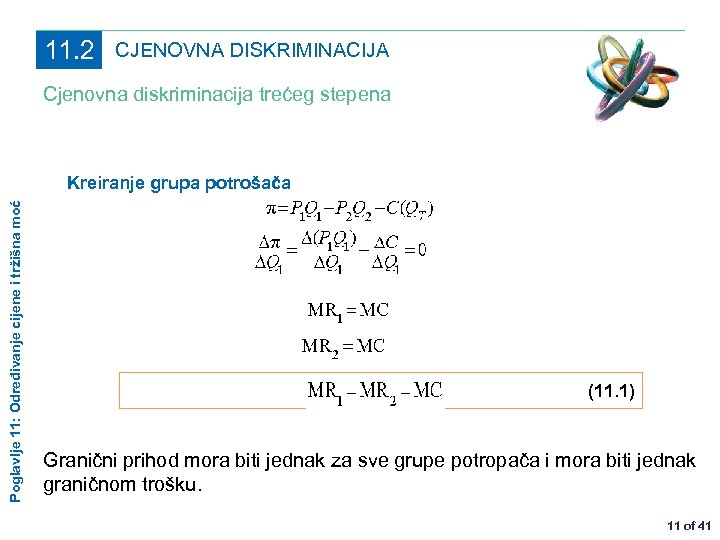 11. 2 CJENOVNA DISKRIMINACIJA Cjenovna diskriminacija trećeg stepena Poglavlje 11: Određivanje cijene i tržišna