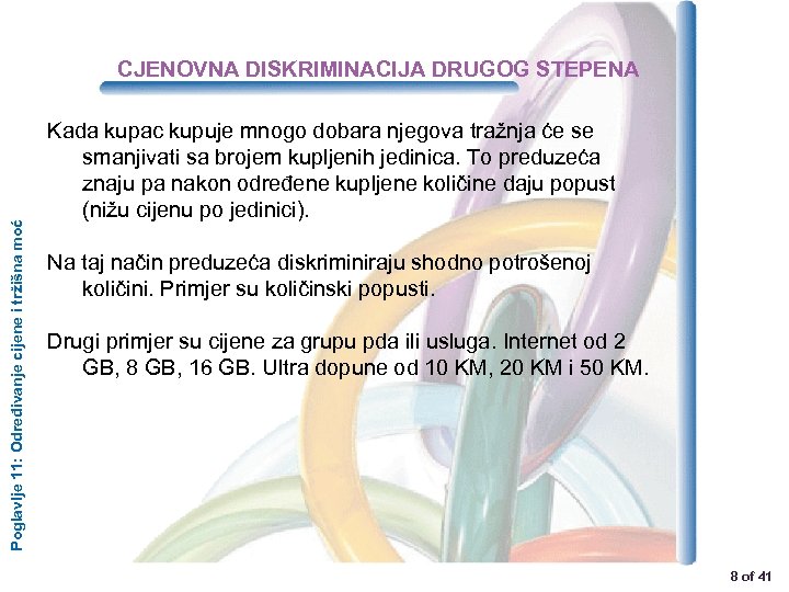 Poglavlje 11: Određivanje cijene i tržišna moć CJENOVNA DISKRIMINACIJA DRUGOG STEPENA Kada kupac kupuje