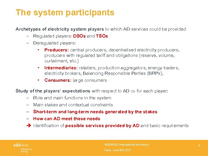 The system participants Archetypes of electricity system players to which AD services could be